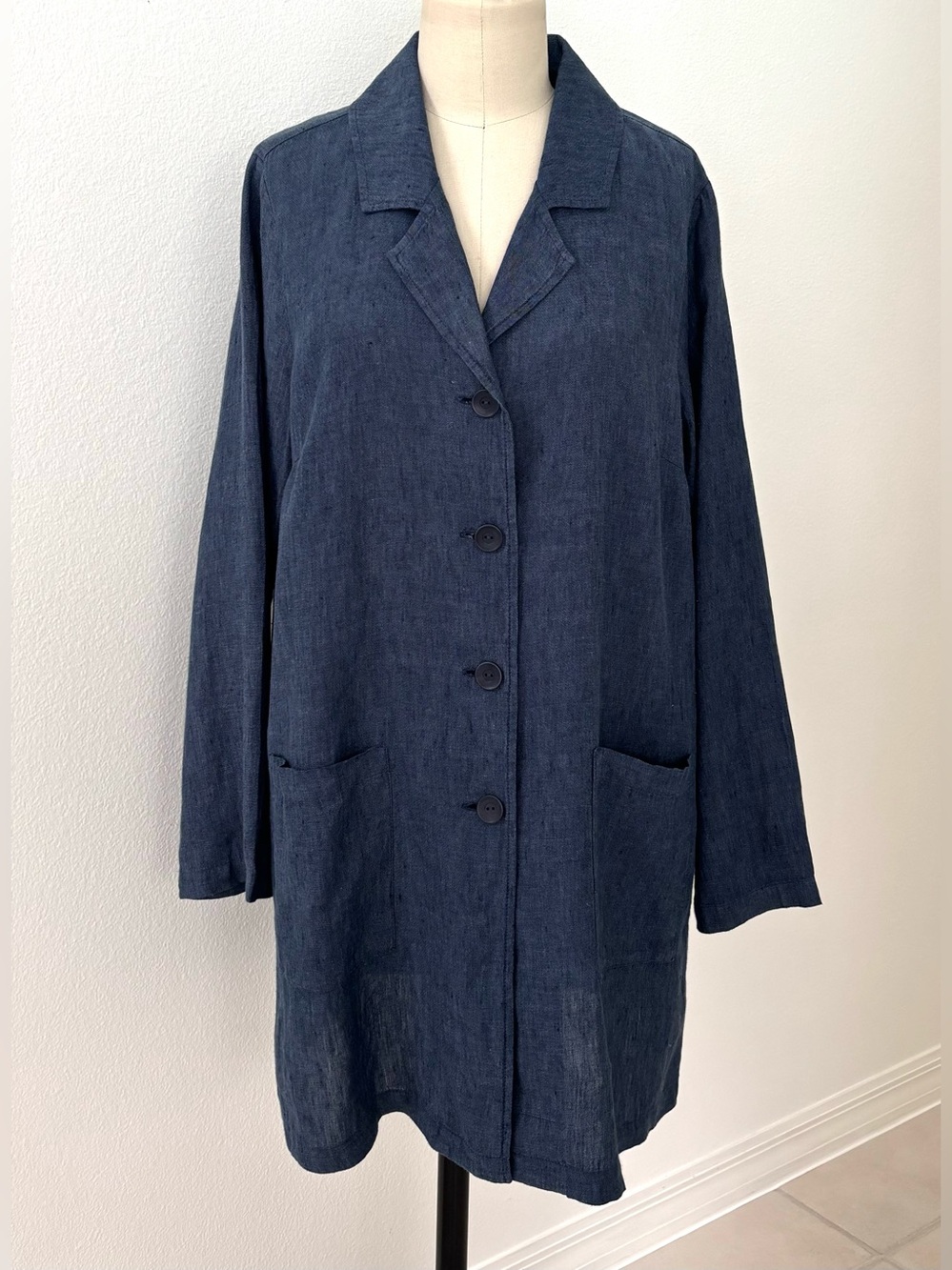 Flax Linen Longline Jacket Blue Chambray Button-Front Patch-Pockets Lagenlook M